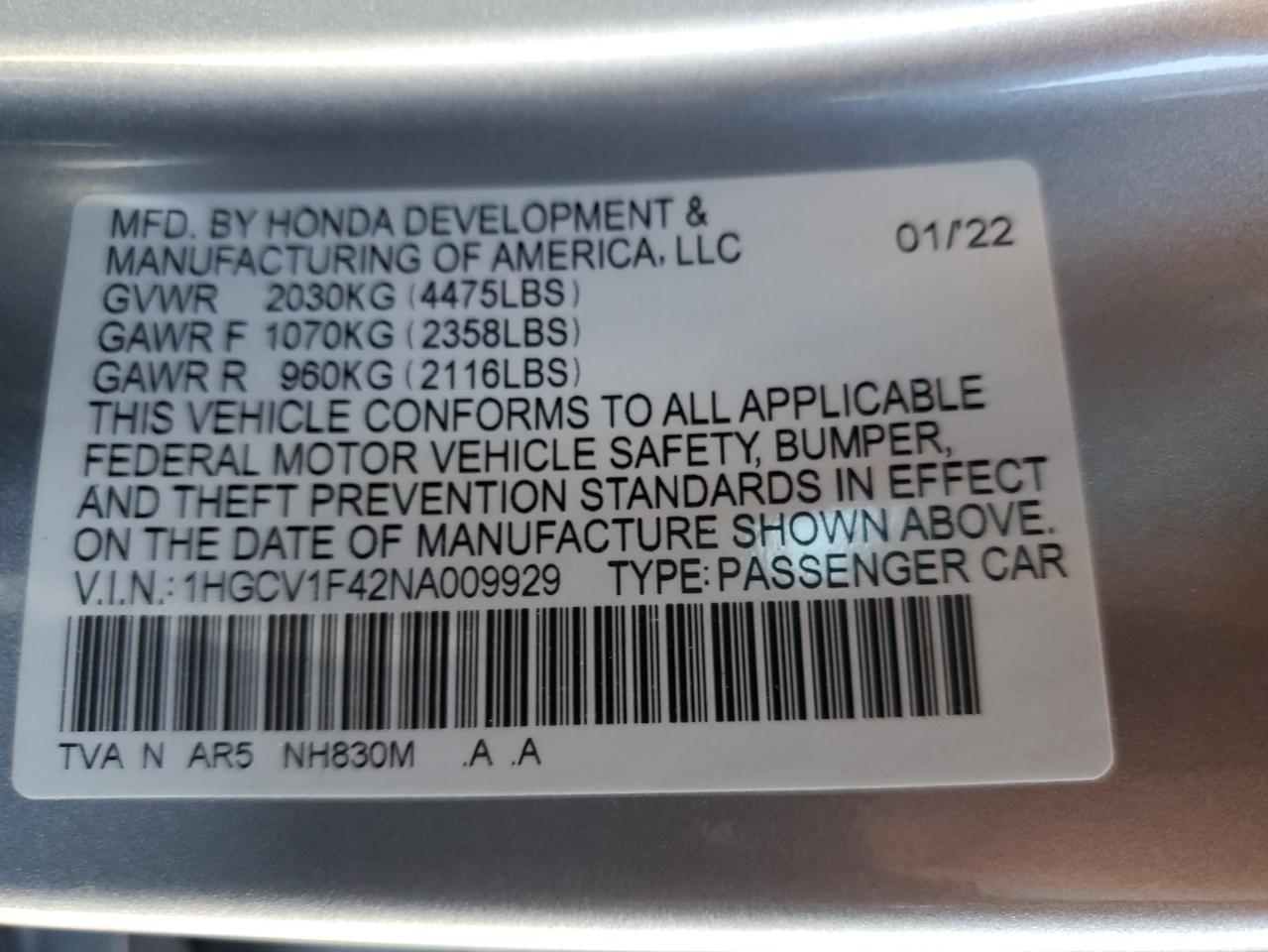2022 Honda Accord Sport Se VIN: 1HGCV1F42NA009929 Lot: 75816003