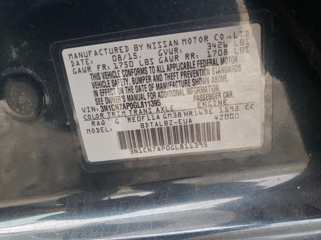 3N1CN7AP0GL811395 2016 Nissan Versa S