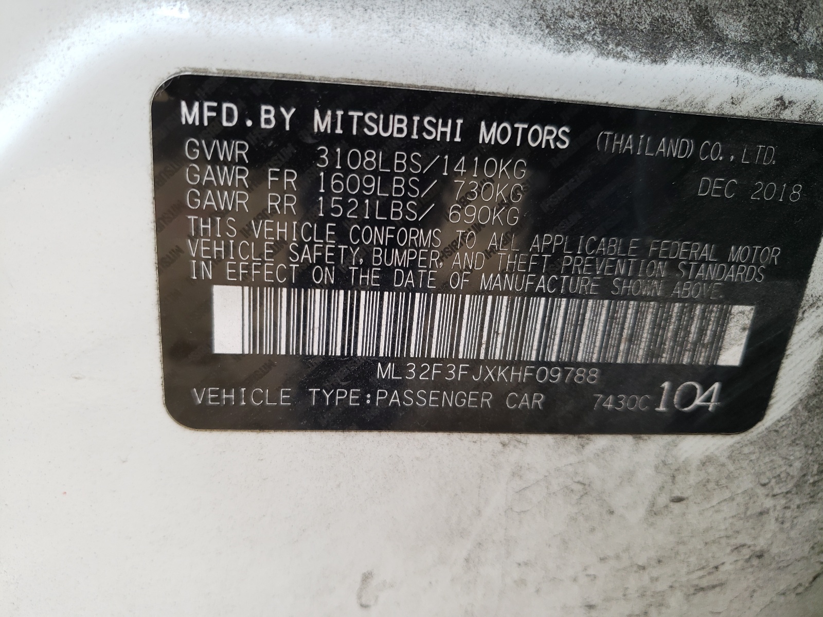 ML32F3FJXKHF09788 2019 Mitsubishi Mirage G4 Es