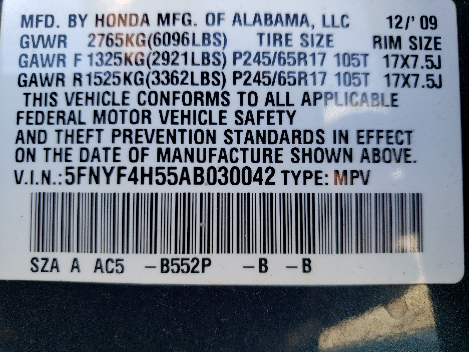 5FNYF4H55AB030042 2010 Honda Pilot Exl