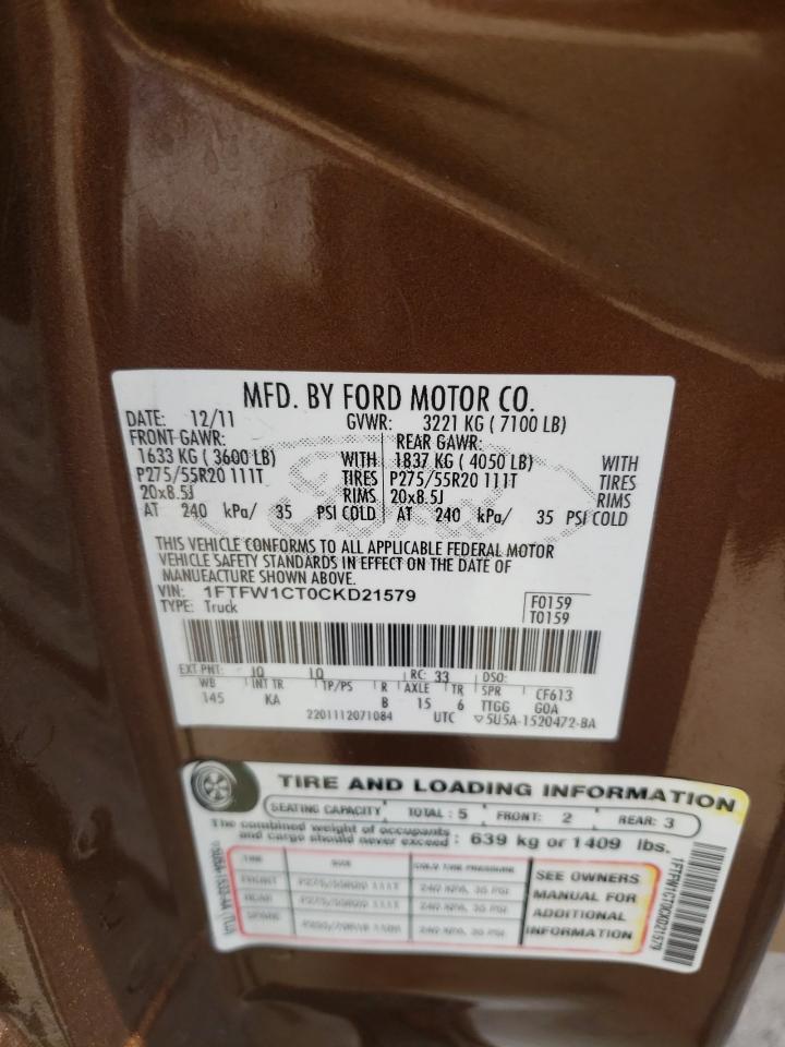 2012 Ford F150 Supercrew VIN: 1FTFW1CT0CKD21579 Lot: 72850743