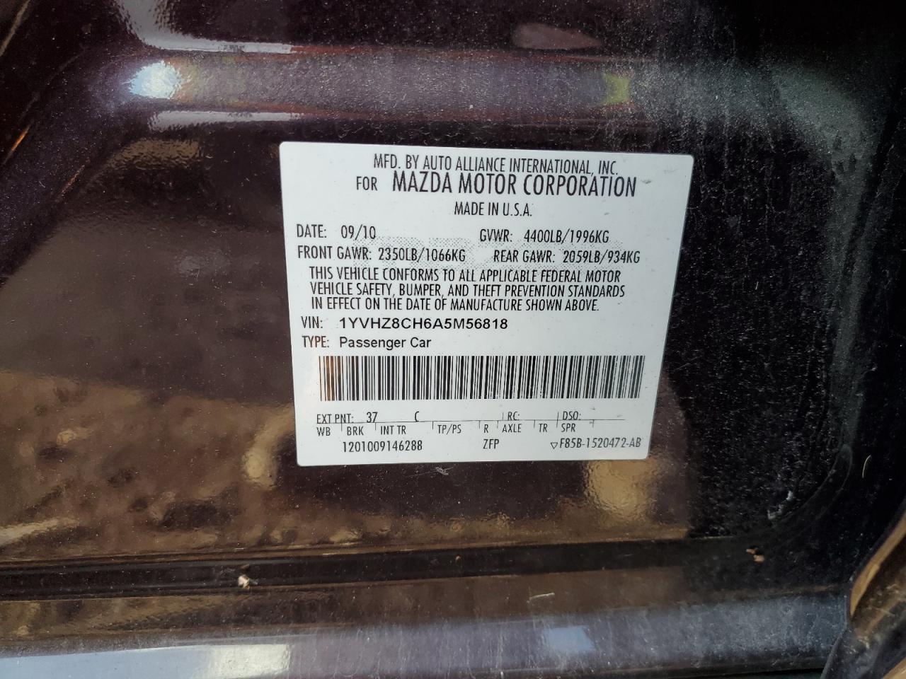 2010 Mazda 6 I VIN: 1YVHZ8CH6A5M56818 Lot: 78094443