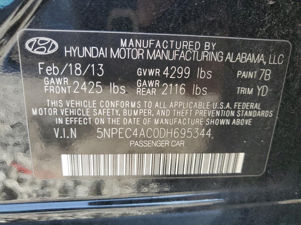 2013 Hyundai Sonata Se VIN: 5NPEC4AC0DH695344 Lot: 75281883