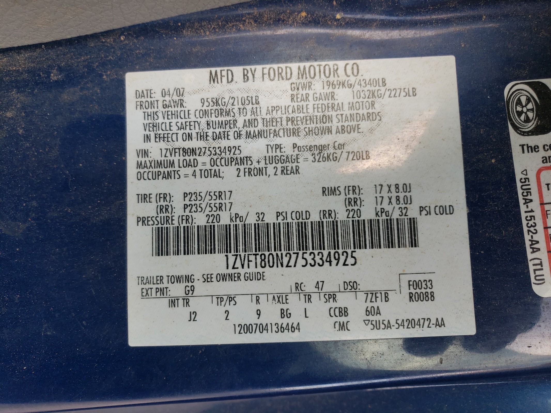 1ZVFT80N275334925 2007 Ford Mustang