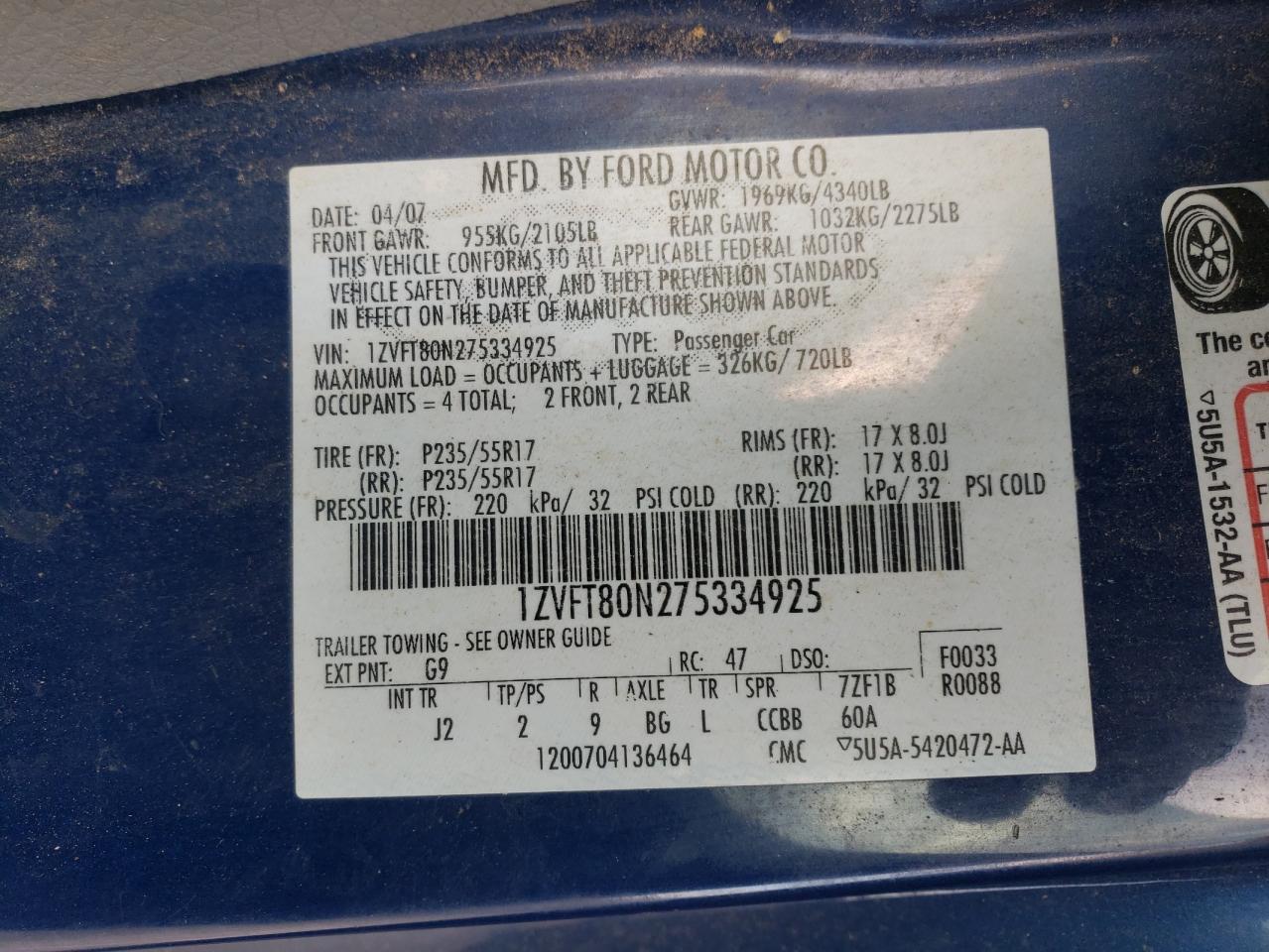 2007 Ford Mustang VIN: 1ZVFT80N275334925 Lot: 74745893