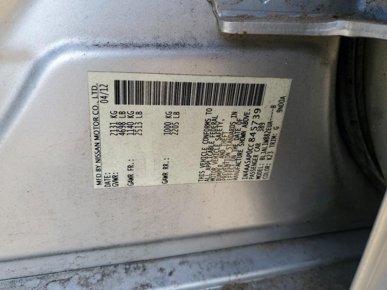 2012 Nissan Maxima S VIN: 1N4AA5AP0CC845739 Lot: 77713713