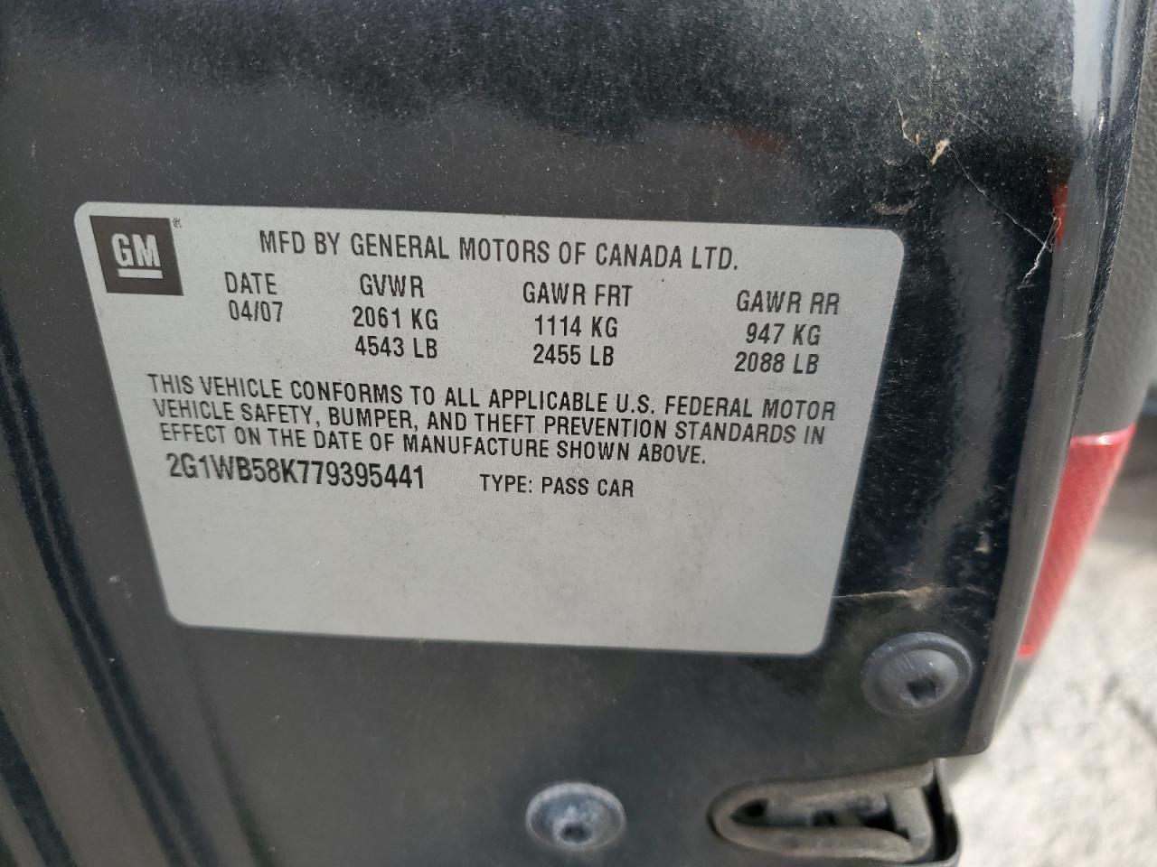 2007 Chevrolet Impala Ls VIN: 2G1WB58K779395441 Lot: 76119143