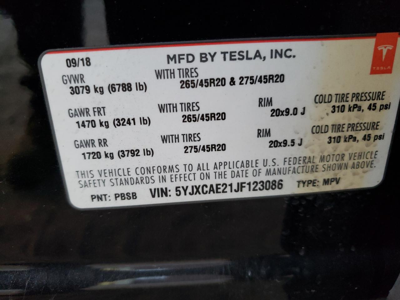 5YJXCAE21JF123086 2018 Tesla Model X