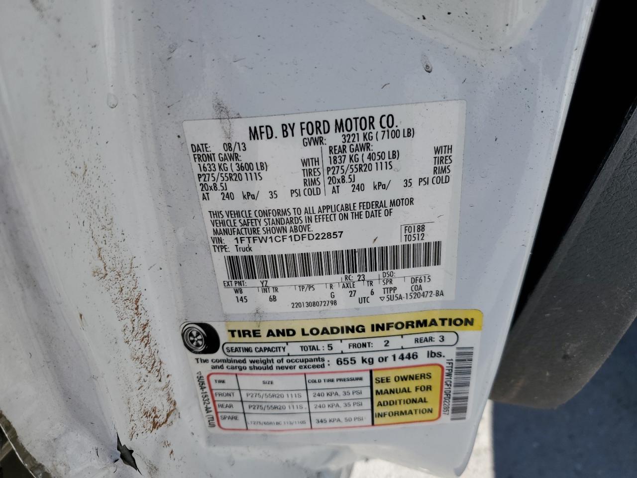 2013 Ford F150 Supercrew VIN: 1FTFW1CF1DFD22857 Lot: 74128503