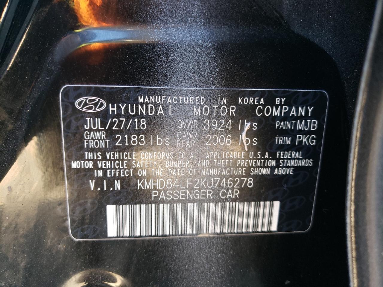 2019 Hyundai Elantra Sel VIN: KMHD84LF2KU746278 Lot: 75511664