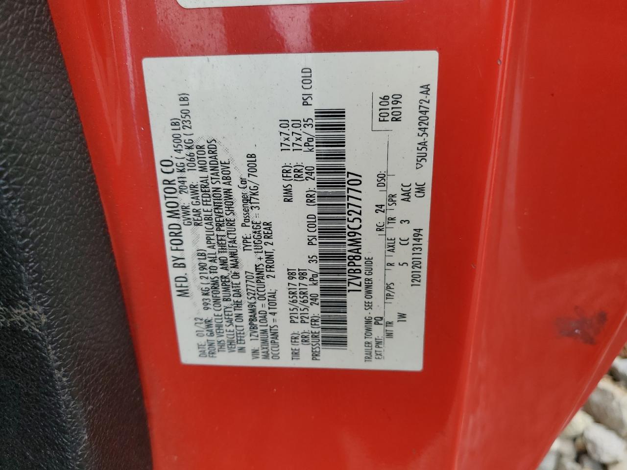 2012 Ford Mustang VIN: 1ZVBP8AM9C5277707 Lot: 77481053