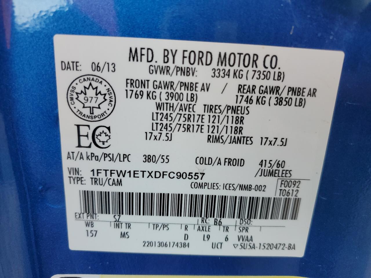 2013 Ford F150 Supercrew VIN: 1FTFW1ETXDFC90557 Lot: 87913275