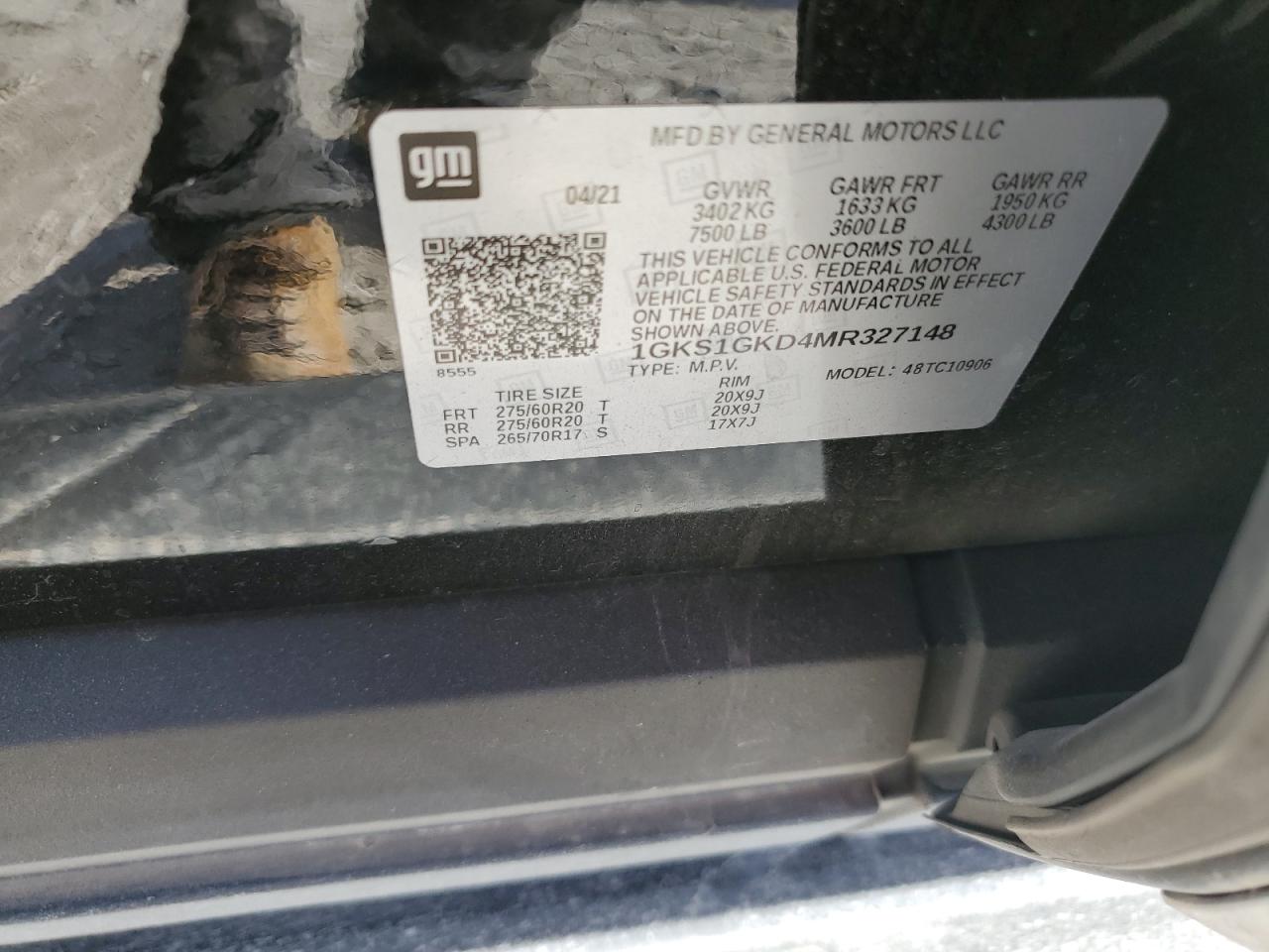 2021 GMC Yukon Xl C1500 Slt VIN: 1GKS1GKD4MR327148 Lot: 71634255