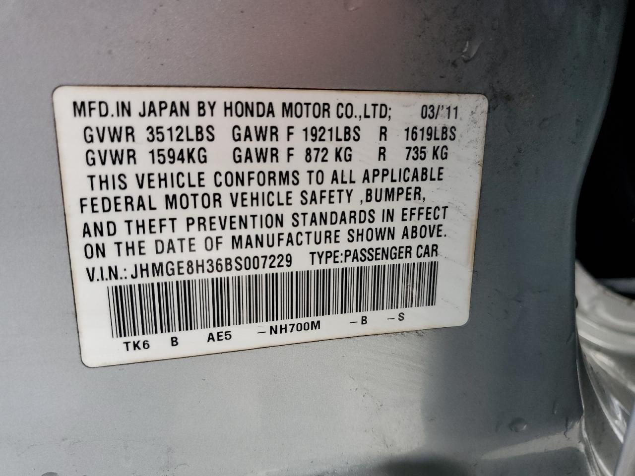 2011 Honda Fit VIN: JHMGE8H36BS007229 Lot: 77977083
