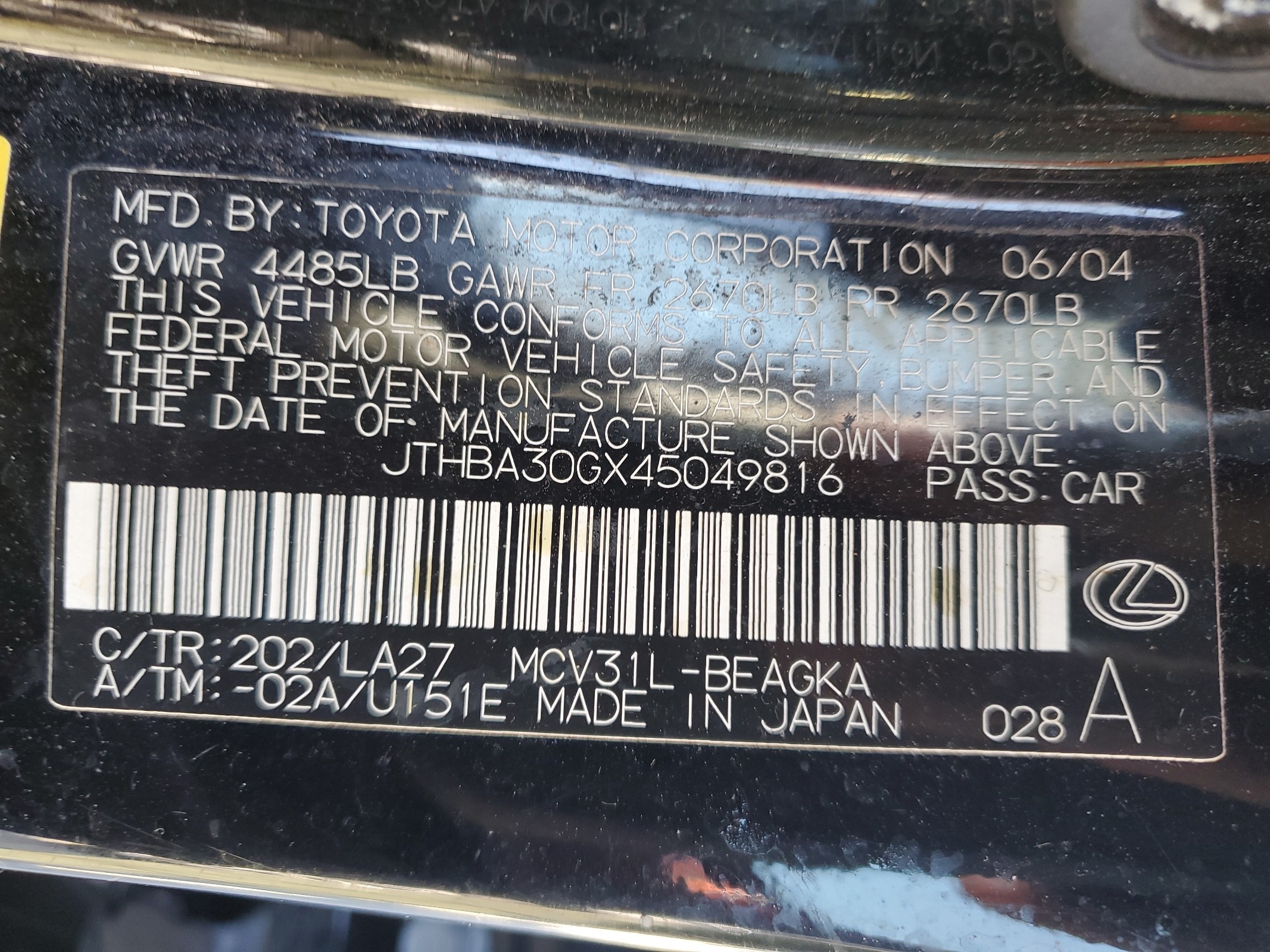 JTHBA30GX45049816 2004 Lexus Es 330