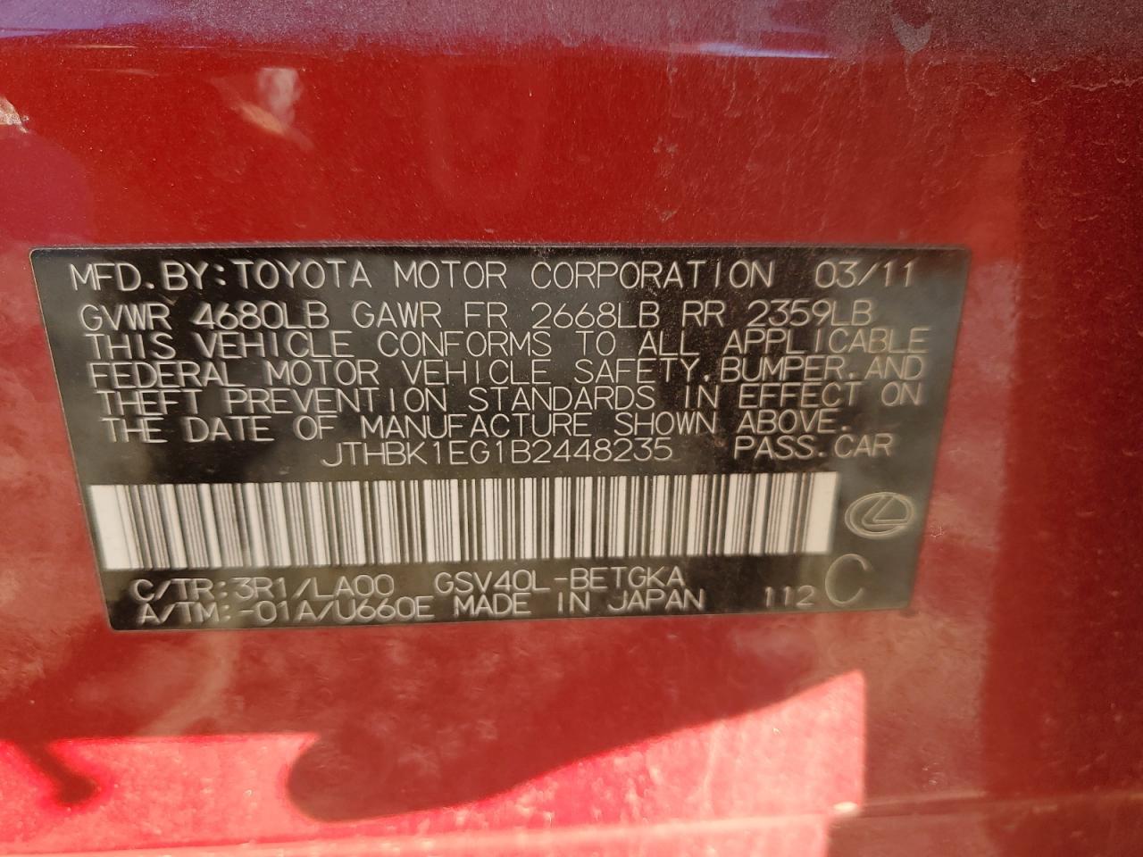 JTHBK1EG1B2448235 2011 Lexus Es 350