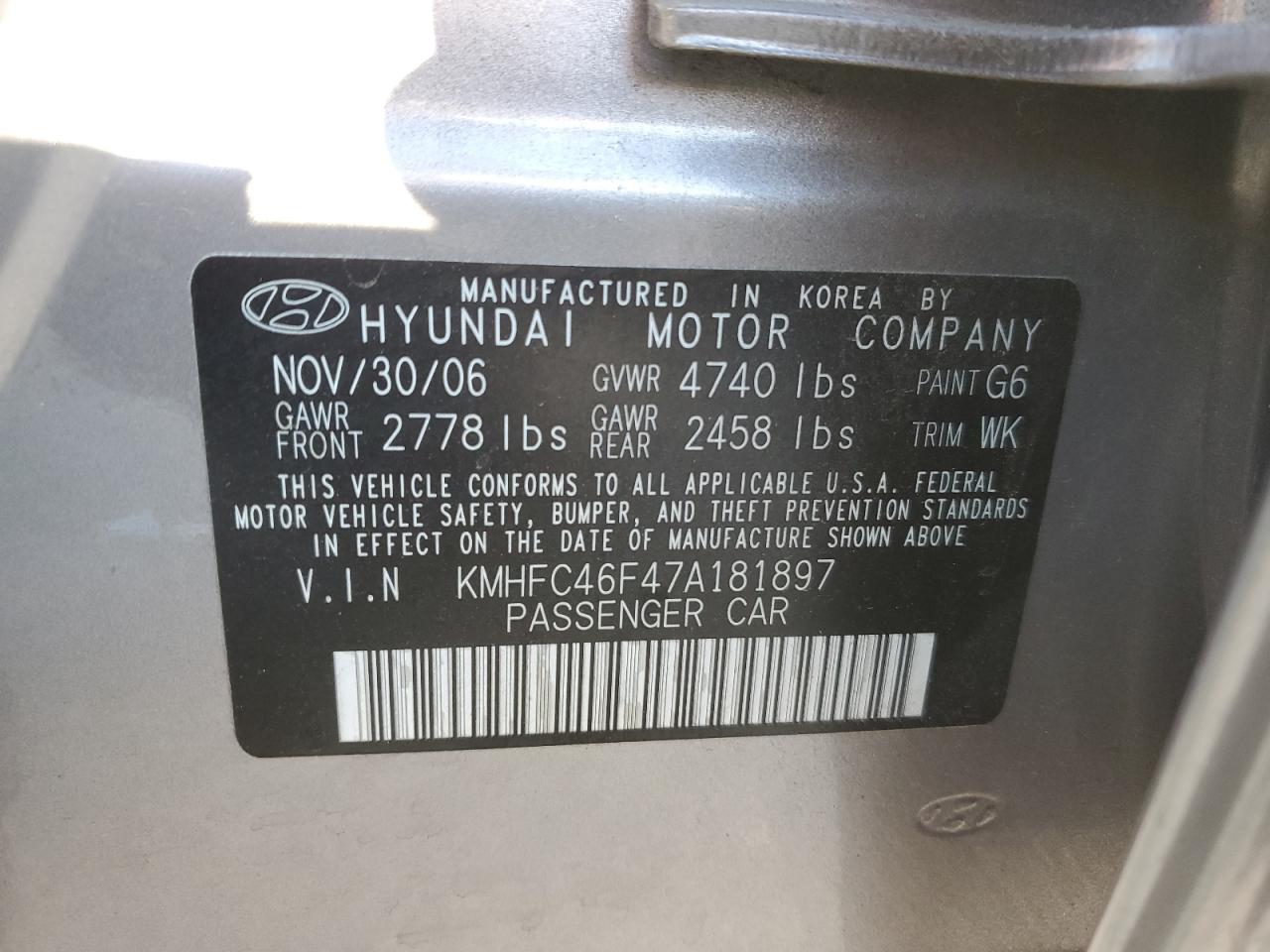 2007 Hyundai Azera Se VIN: KMHFC46F47A181897 Lot: 76106303