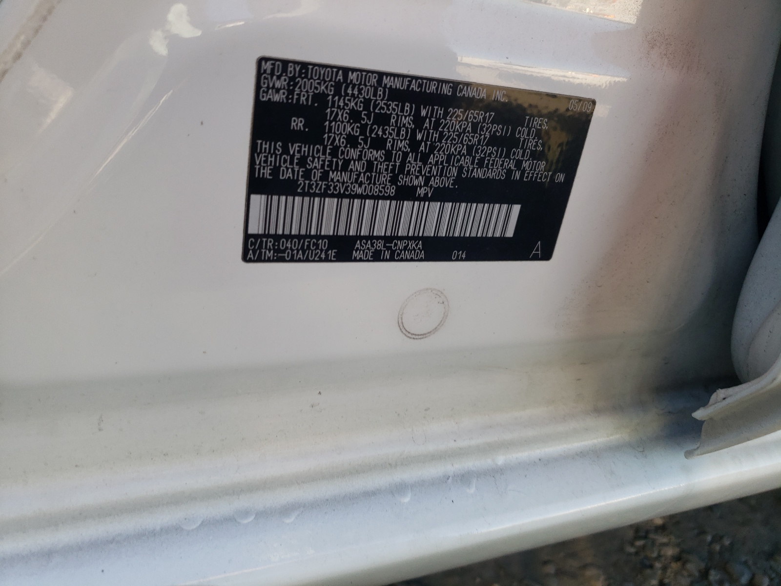 2T3ZF33V39W008598 2009 Toyota Rav4