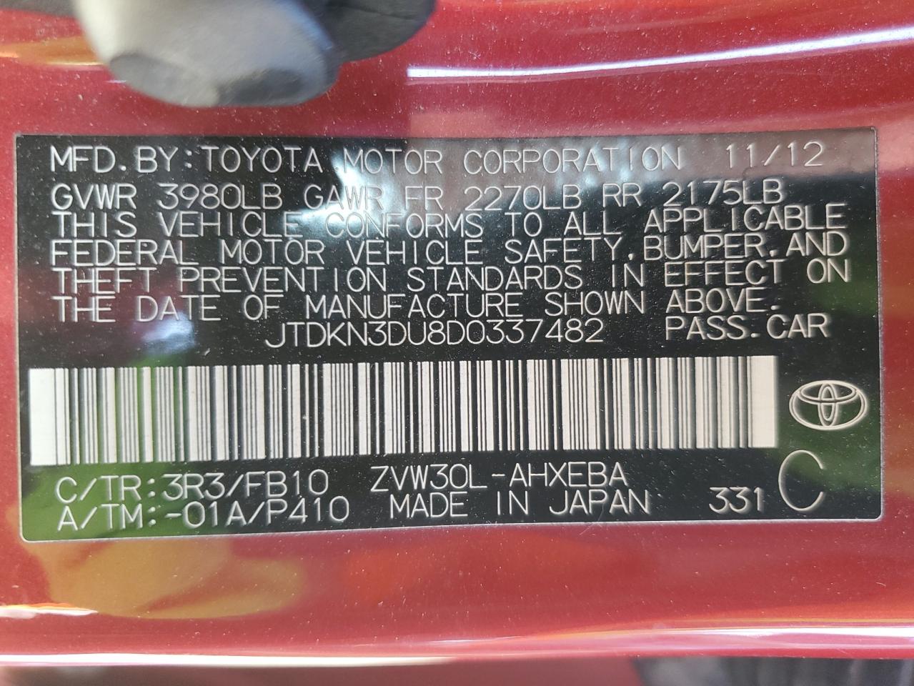 VIN JTDKN3DU8D0337482 2013 TOYOTA PRIUS no.12