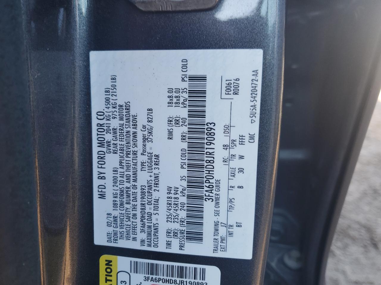 VIN 3FA6P0HD8JR190893 2018 FORD FUSION no.12