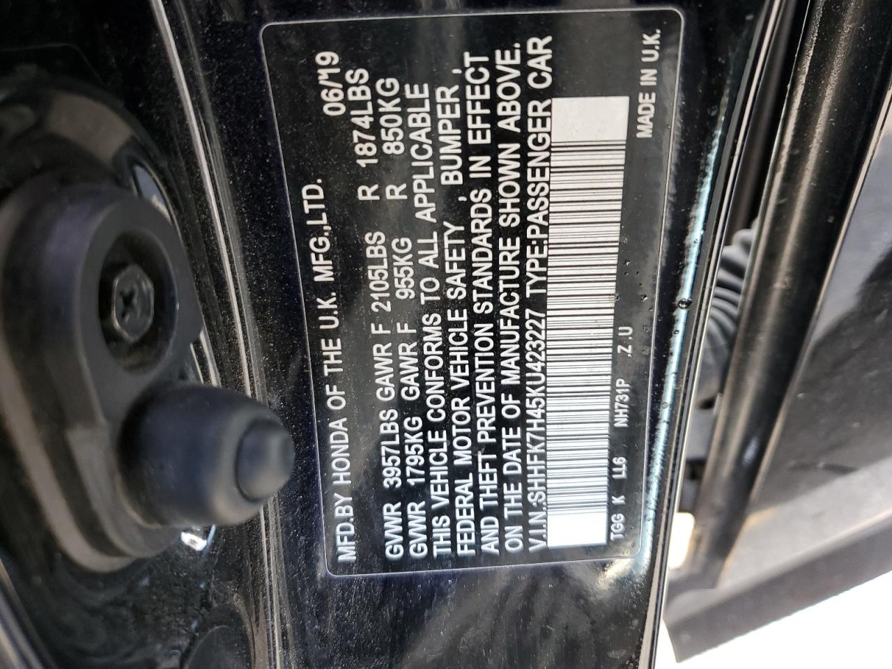 2019 Honda Civic Sport VIN: SHHFK7H45KU423227 Lot: 81467484