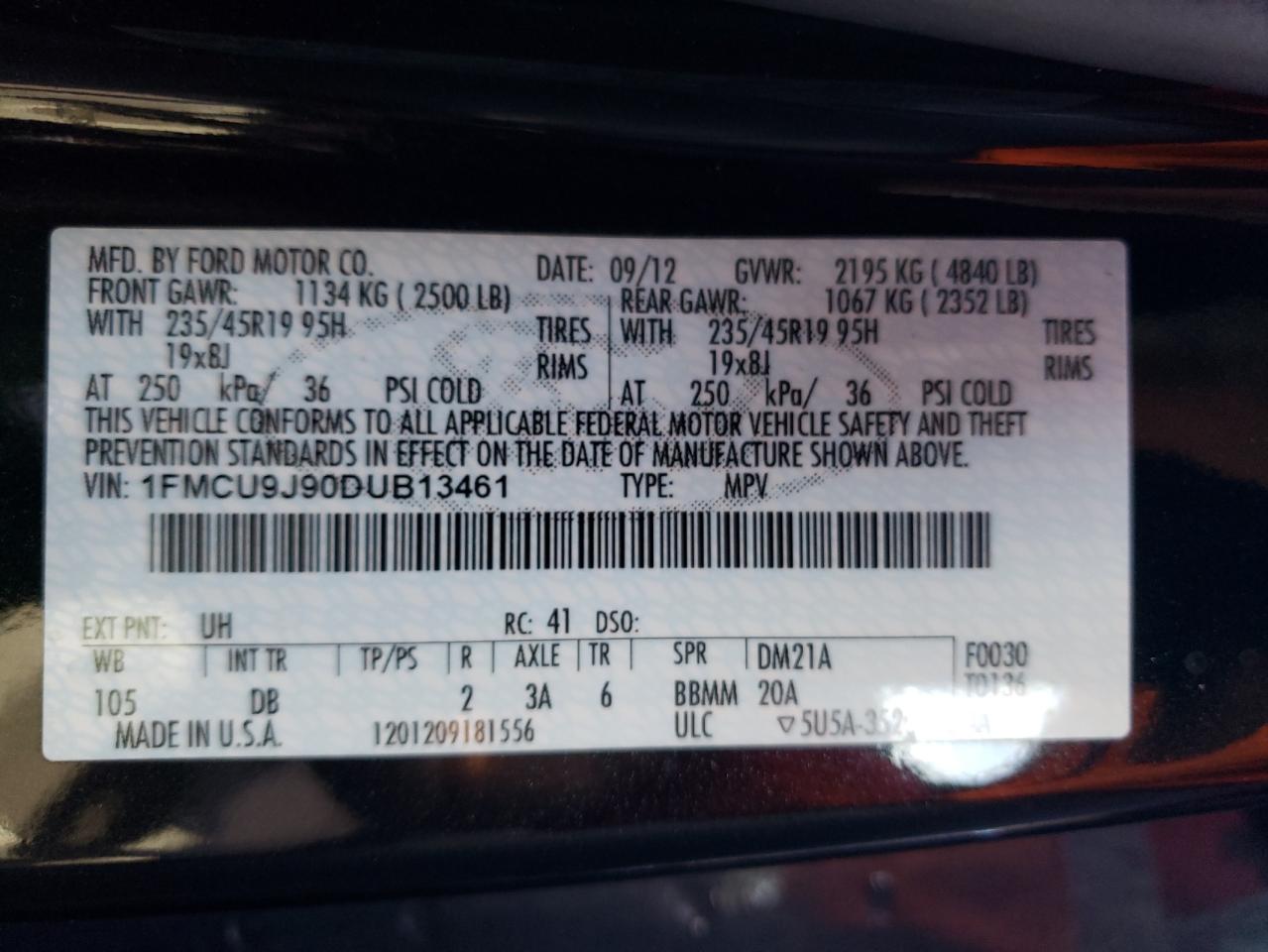 VIN 1FMCU9J90DUB13461 2013 FORD ESCAPE no.13