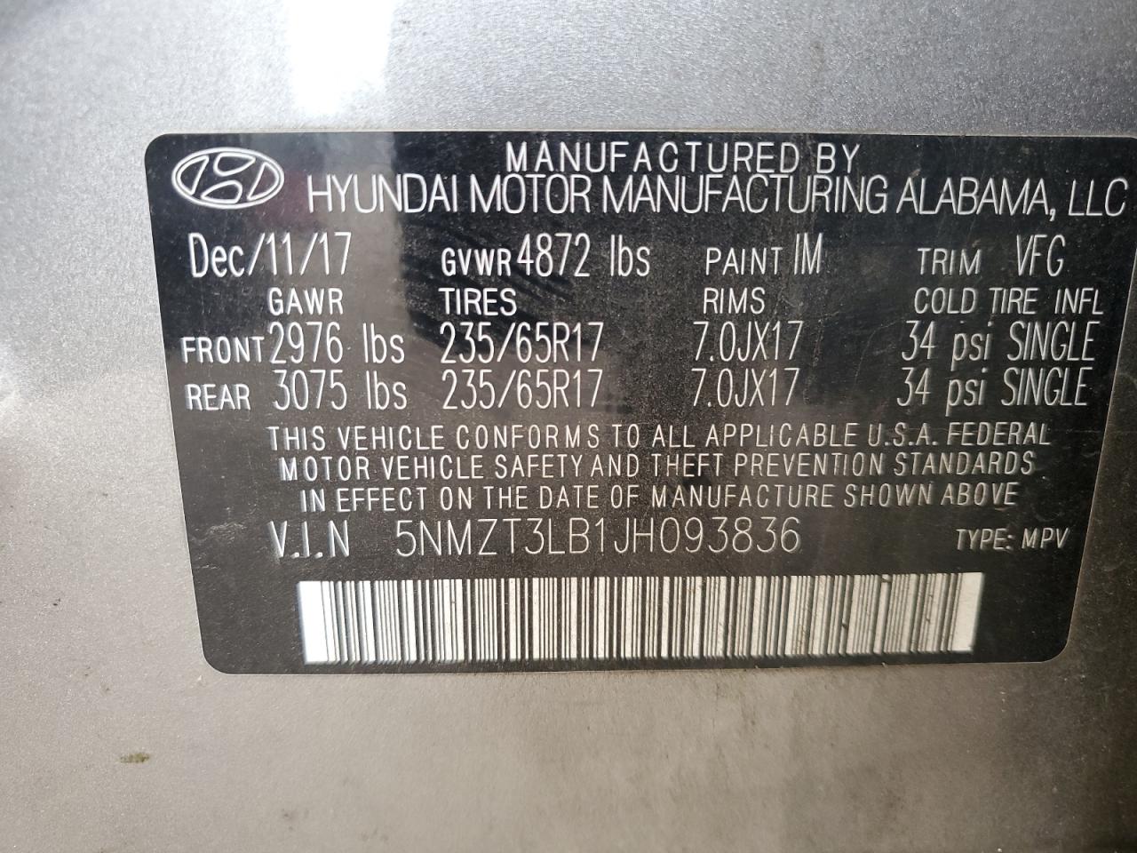 VIN 5NMZT3LB1JH093836 2018 HYUNDAI SANTA FE no.13