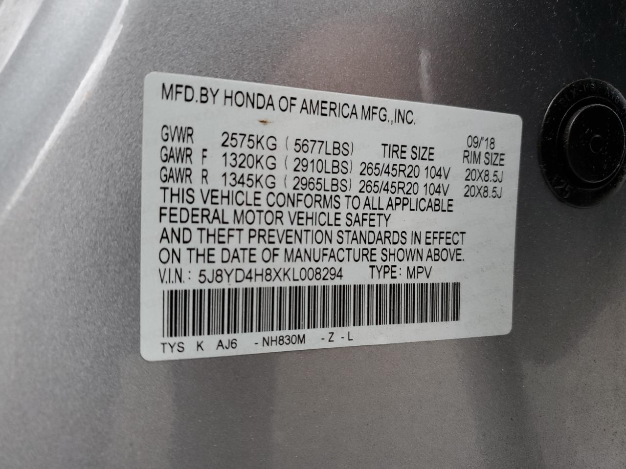 VIN 5J8YD4H8XKL008294 2019 ACURA MDX no.13