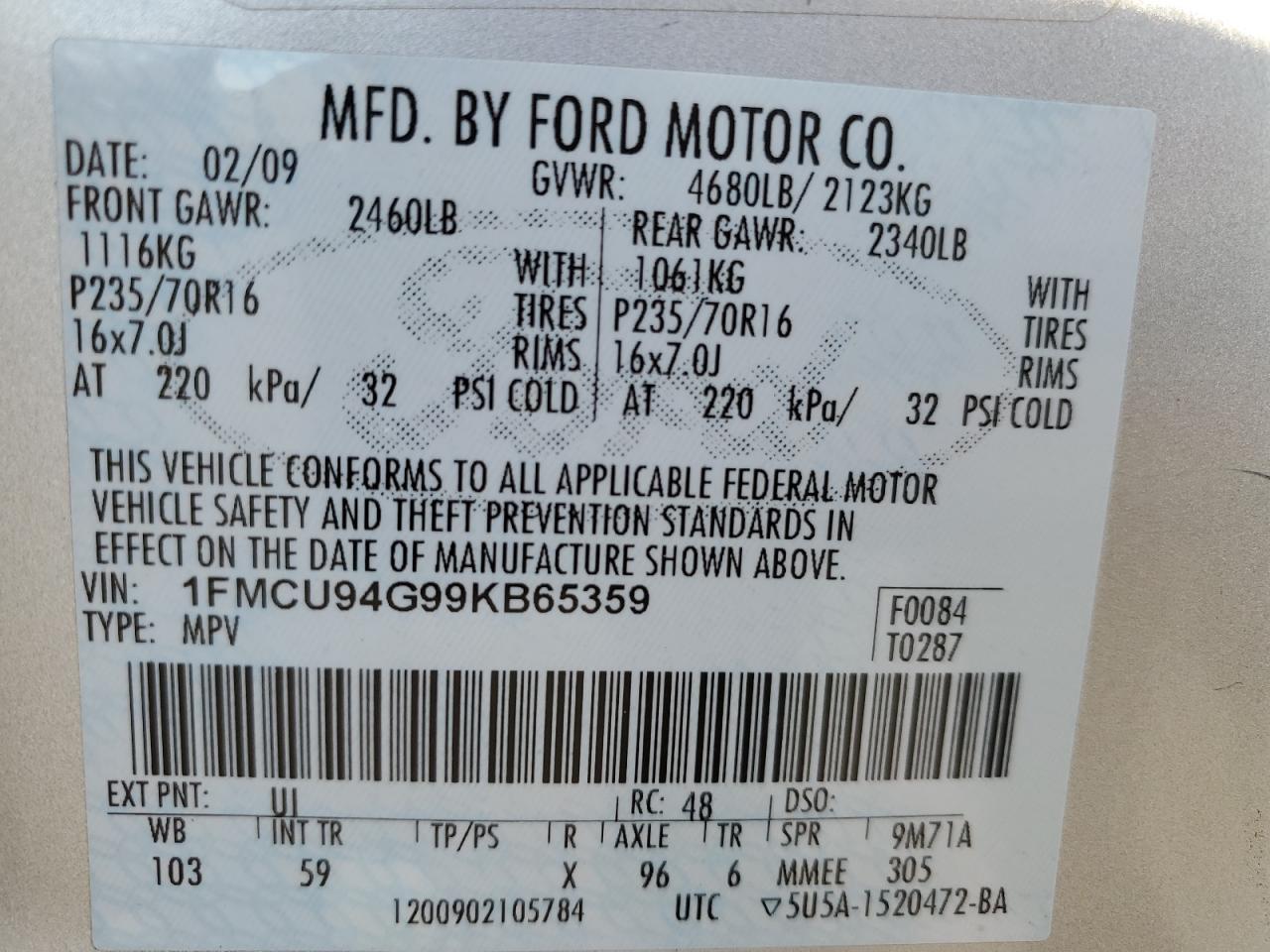 2009 Ford Escape Limited VIN: 1FMCU94G99KB65359 Lot: 81115154