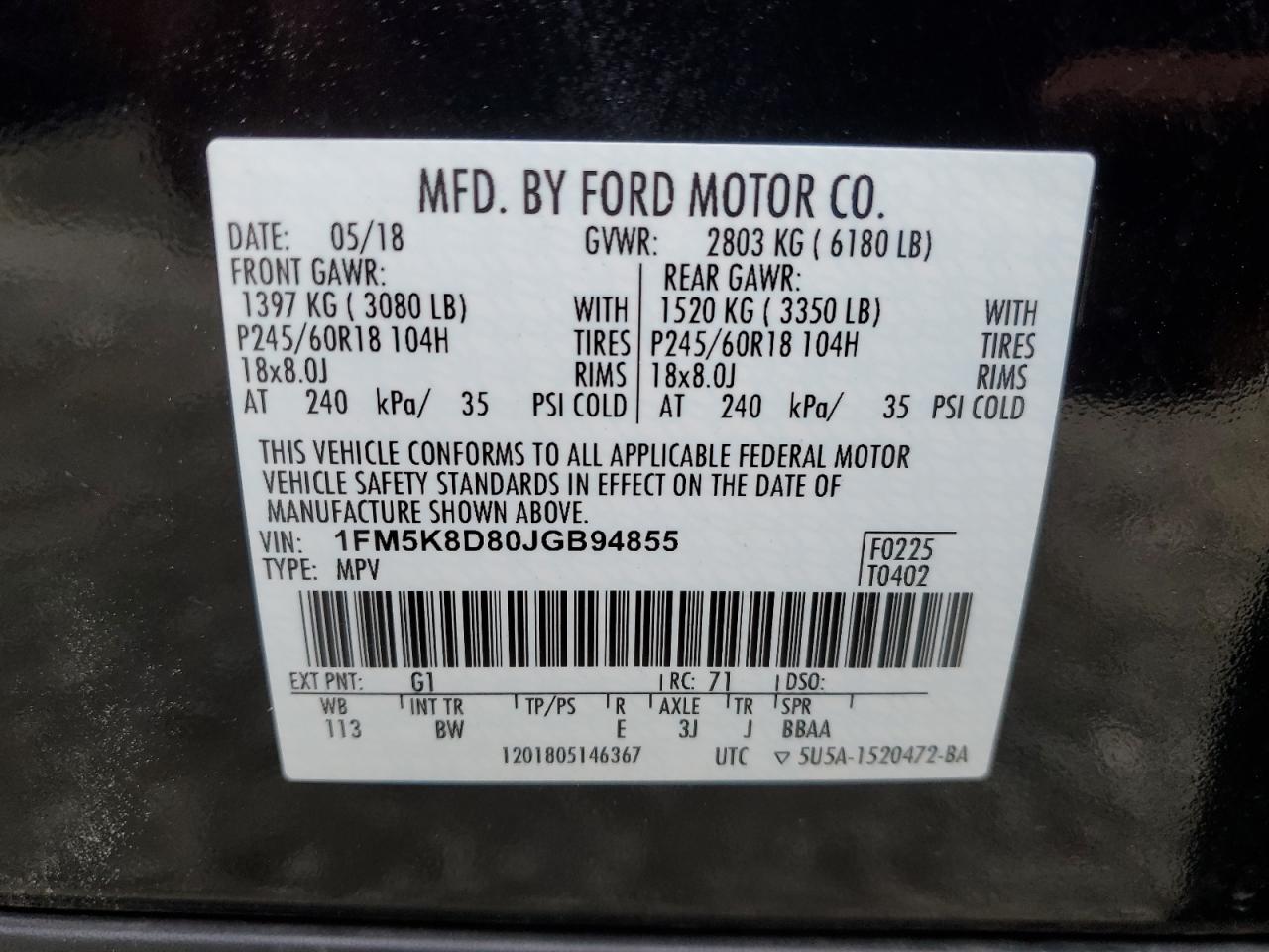 VIN 1FM5K8D80JGB94855 2018 FORD EXPLORER no.14