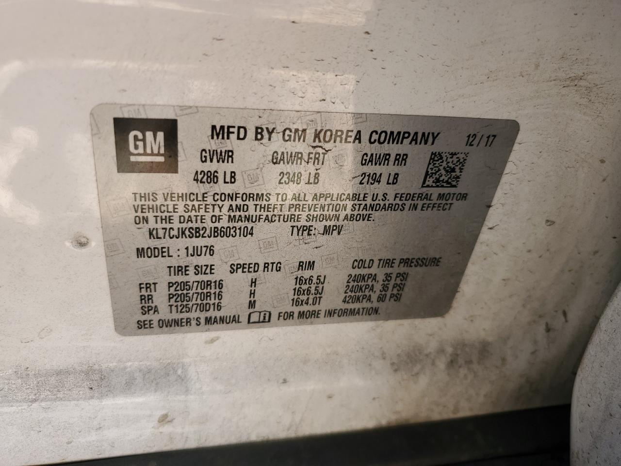 KL7CJKSB2JB603104 CHEVROLET TRAX 2018