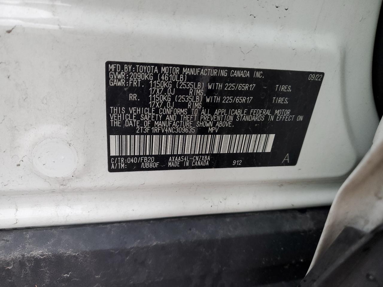 VIN 2T3F1RFV4NC309635 2022 TOYOTA RAV4 no.12