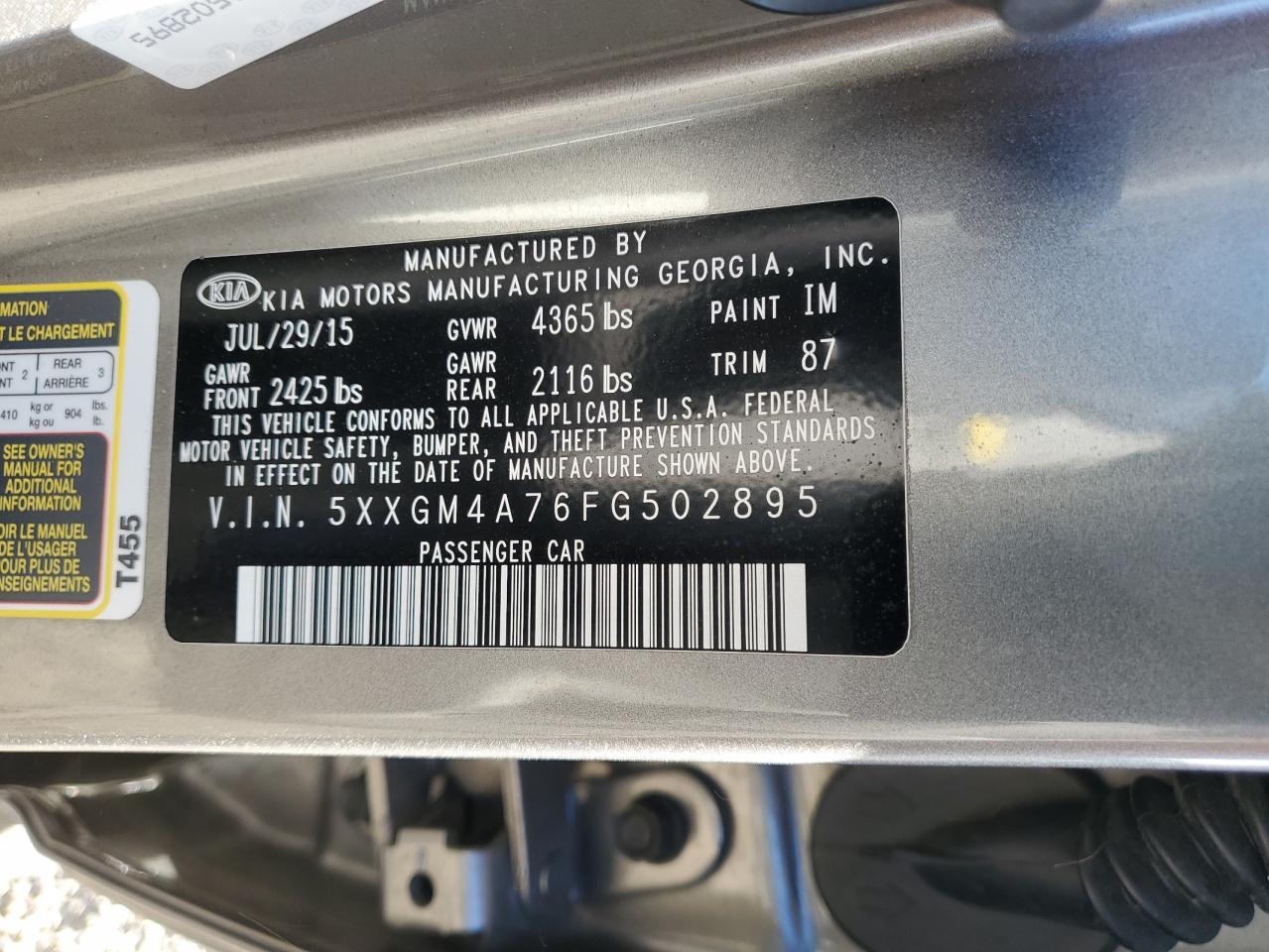 VIN 5XXGM4A76FG502895 2015 KIA OPTIMA no.12