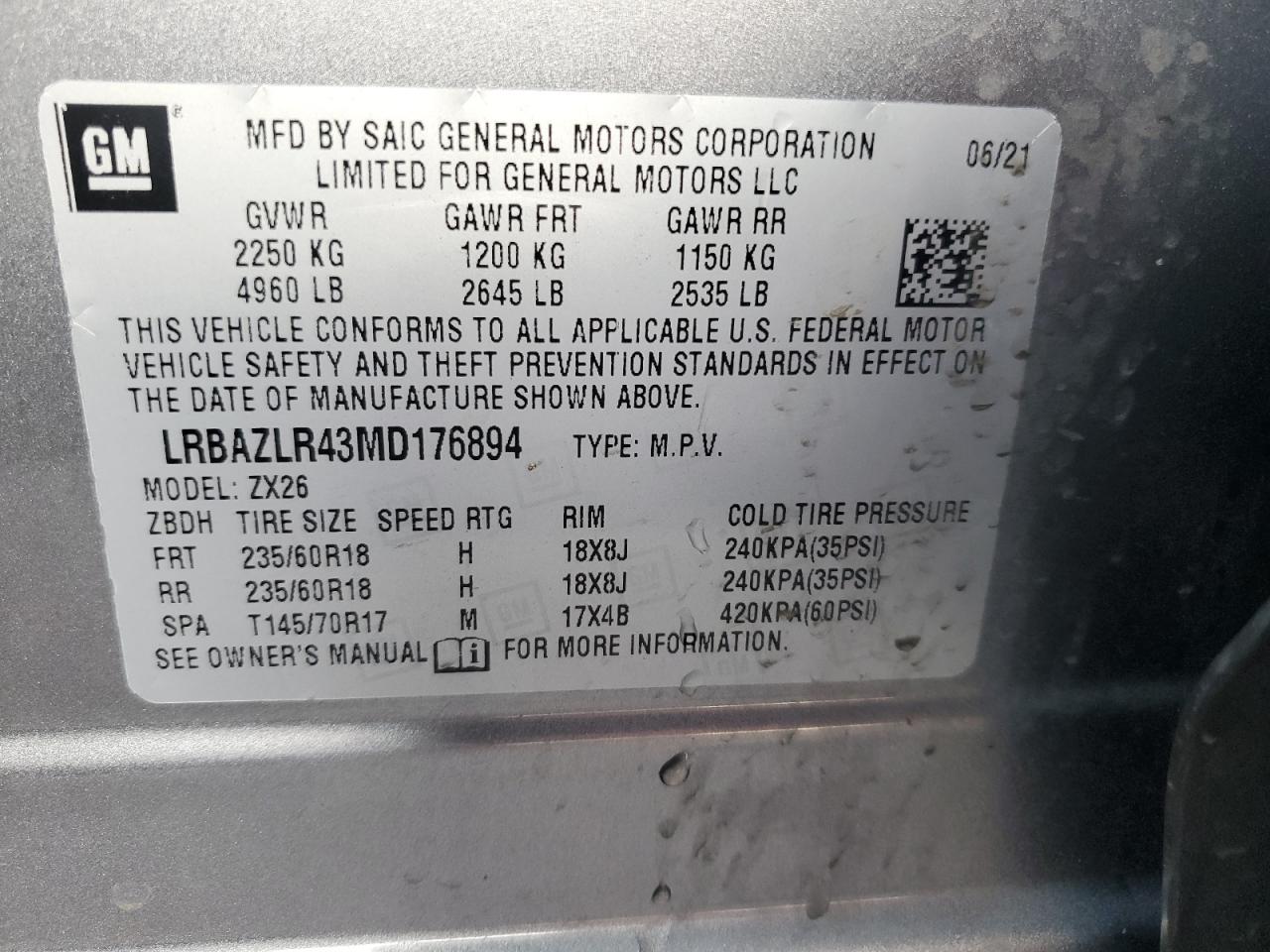 2021 Buick Envision Preferred VIN: LRBAZLR43MD176894 Lot: 81071964