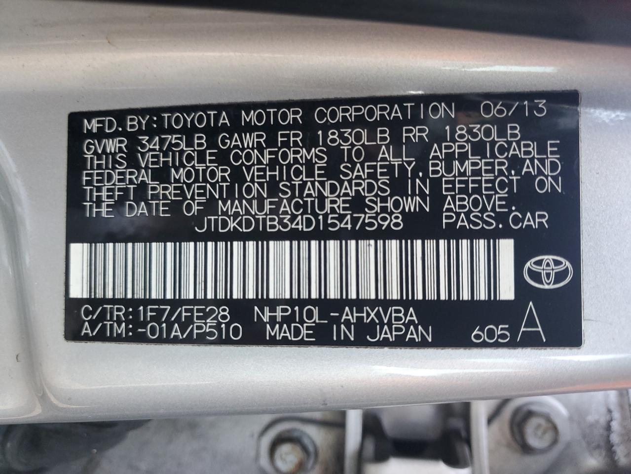 2013 Toyota Prius C VIN: JTDKDTB34D1547598 Lot: 79770154