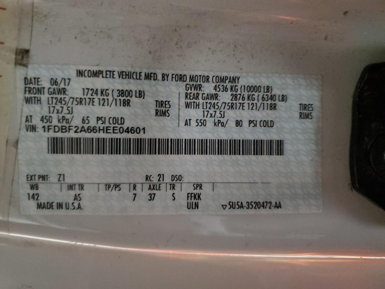 2017 Ford F250 Super Duty VIN: 1FDBF2A66HEE04601 Lot: 63266295