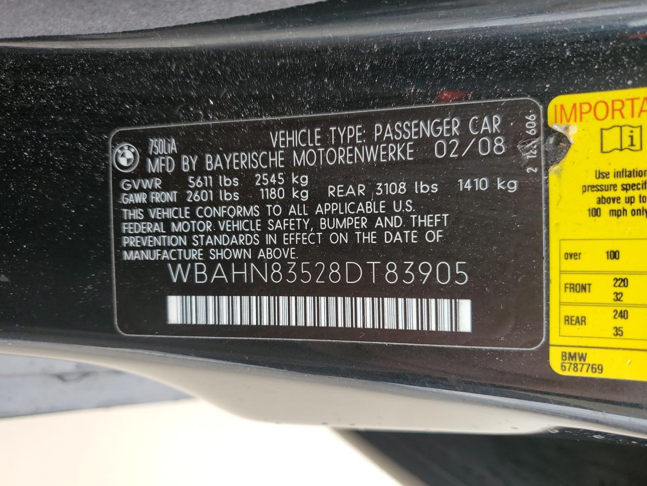 2008 BMW 750 Li VIN: WBAHN83528DT83905 Lot: 77680654