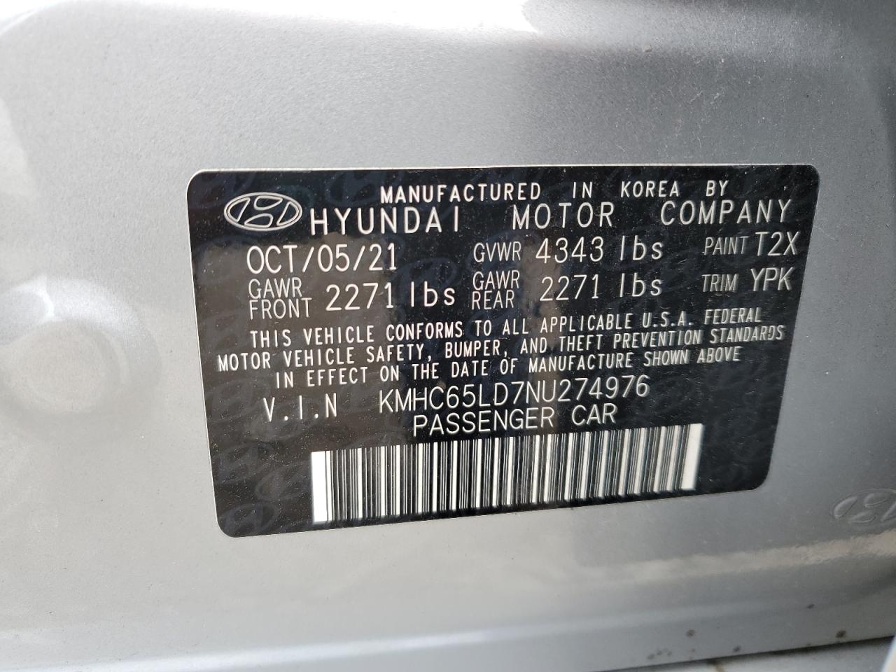 2022 Hyundai Ioniq Se VIN: KMHC65LD7NU274976 Lot: 80123004