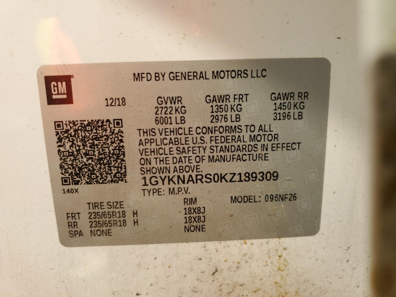 VIN 1GYKNARS0KZ189309 2019 CADILLAC XT5 no.12