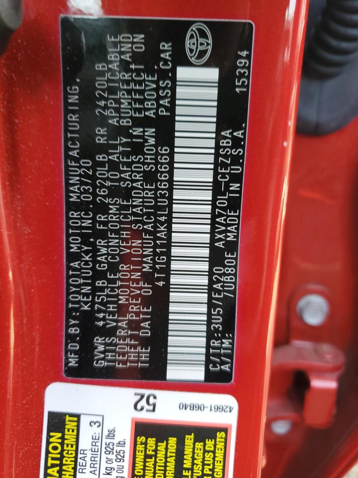 4T1G11AK4LU366666 TOYOTA CAMRY 2020