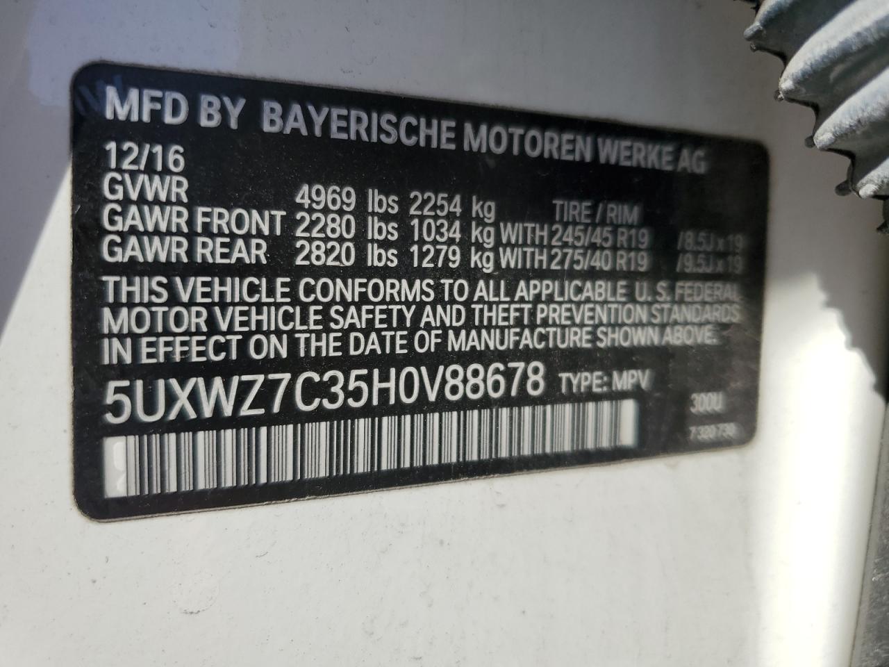 VIN 5UXWZ7C35H0V88678 2017 BMW X3 no.13