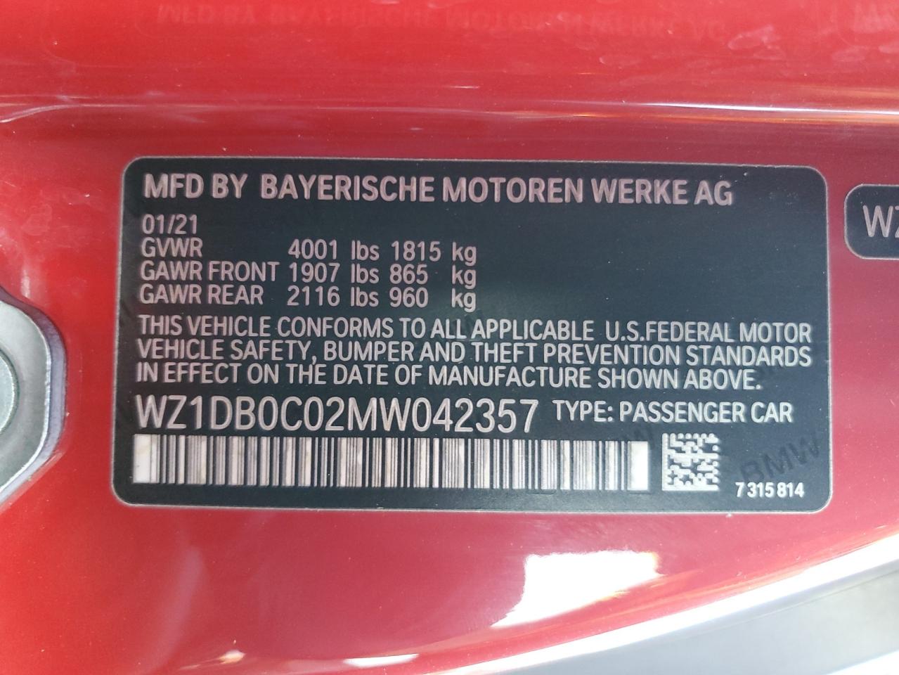2021 Toyota Supra Base VIN: WZ1DB0C02MW042357 Lot: 79090214