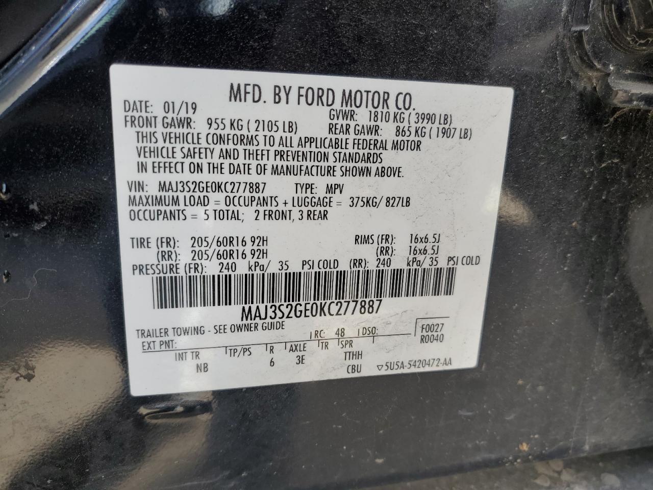 2019 Ford Ecosport Se VIN: MAJ3S2GE0KC277887 Lot: 80537314