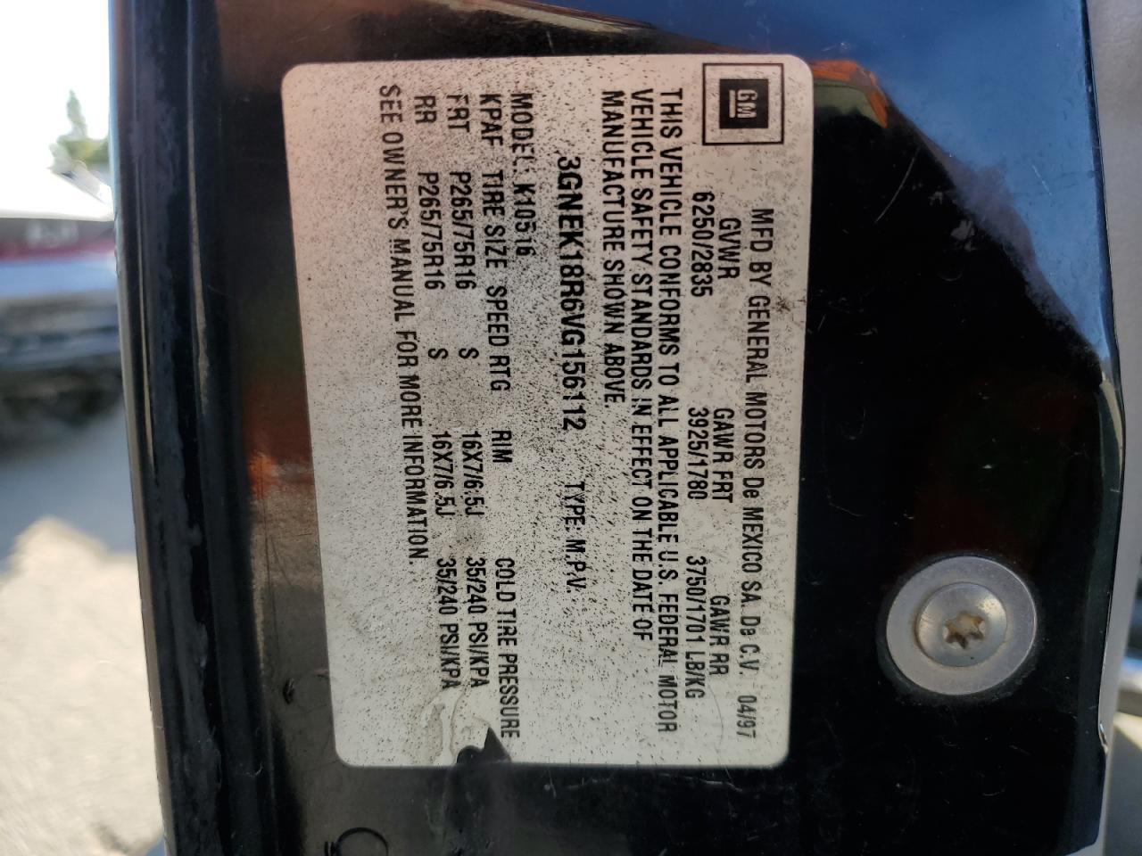 1997 Chevrolet Tahoe K1500 VIN: 3GNEK18R6VG156112 Lot: 81587144