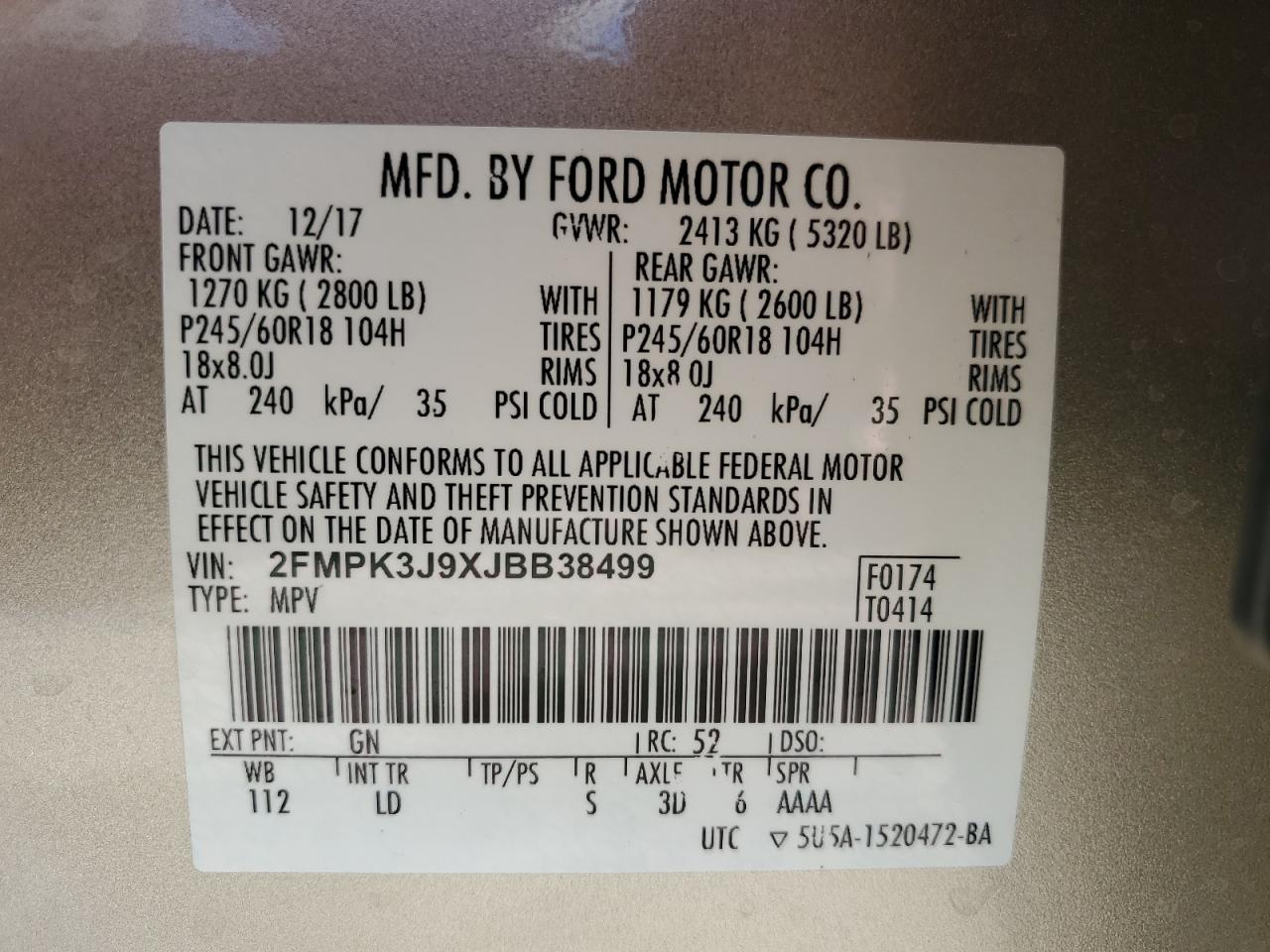 VIN 2FMPK3J9XJBB38499 2018 FORD EDGE no.14