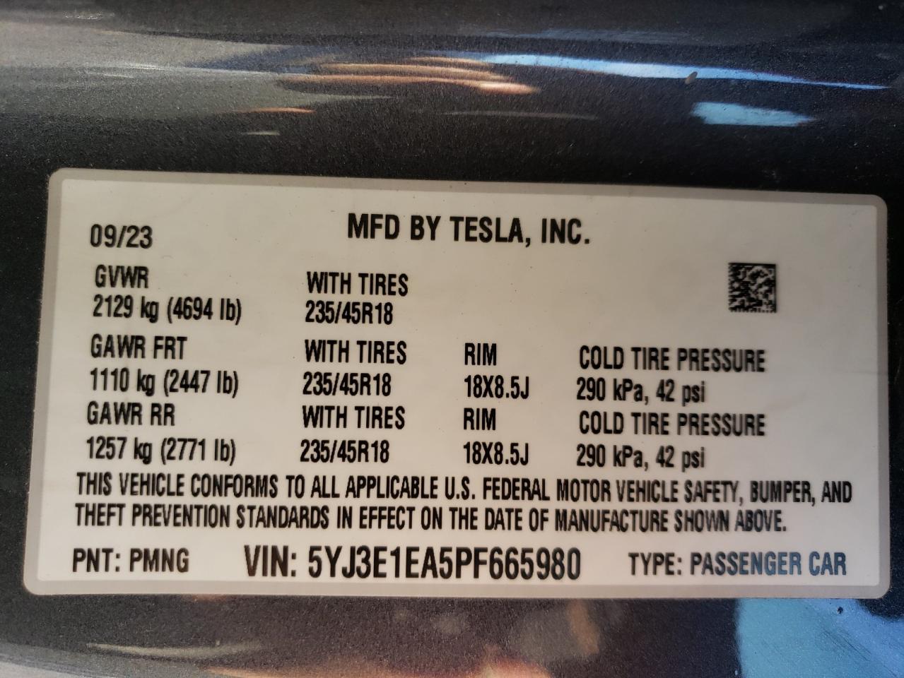 2023 Tesla Model 3 VIN: 5YJ3E1EA5PF665980 Lot: 80891604