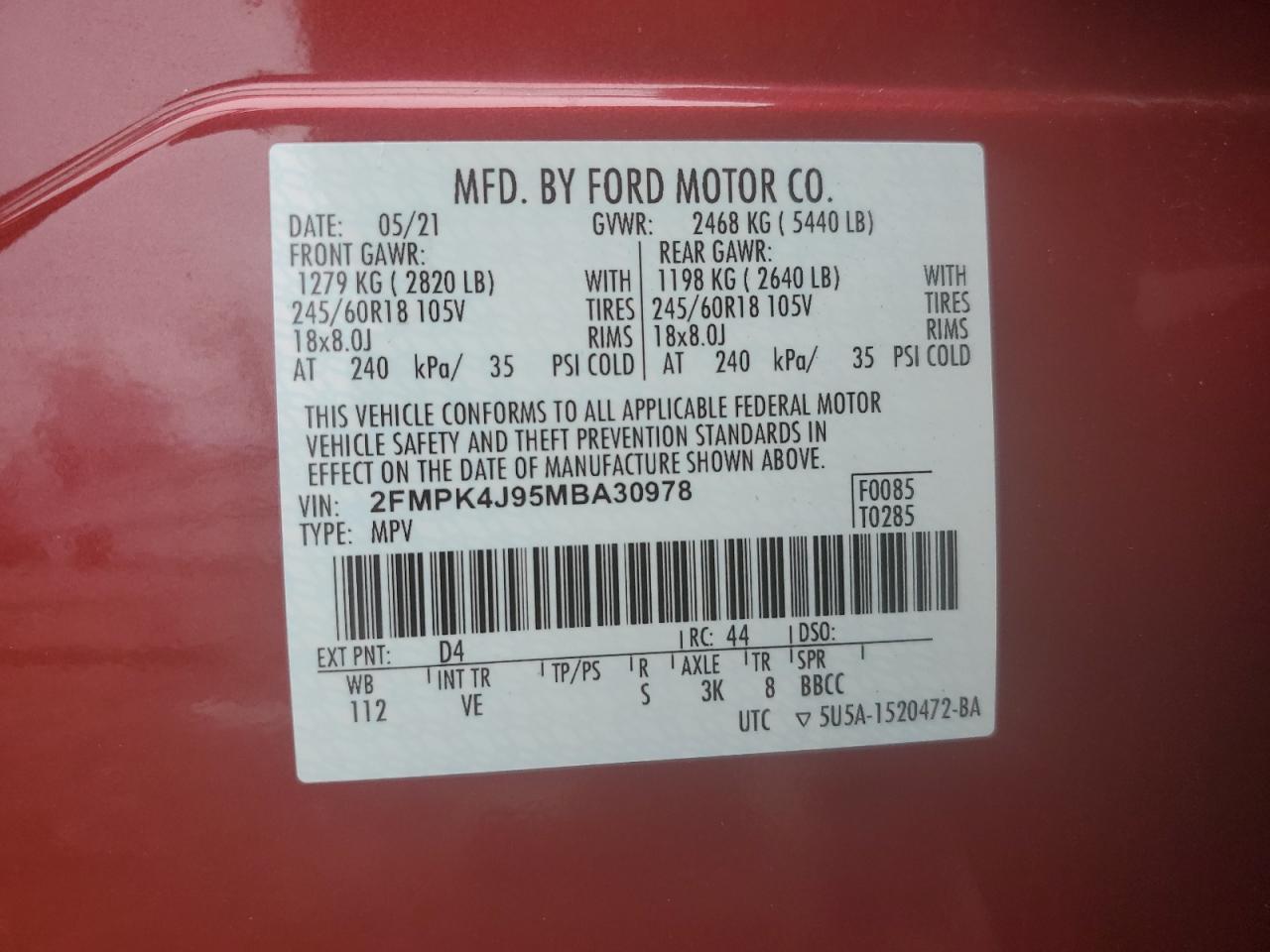 2021 Ford Edge Sel VIN: 2FMPK4J95MBA30978 Lot: 78874254