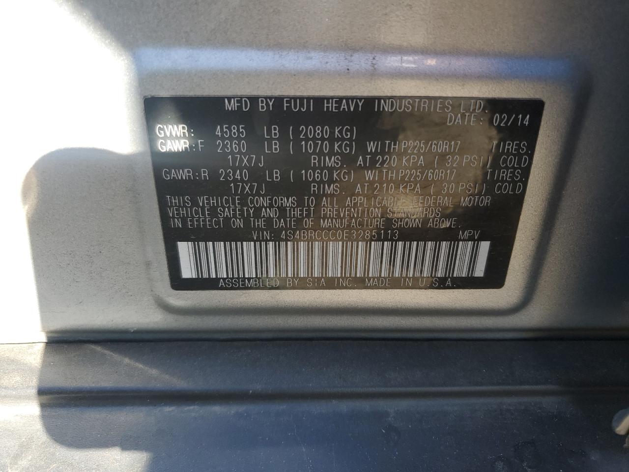 2014 Subaru Outback 2.5I Premium VIN: 4S4BRCCC0E3285113 Lot: 79540304