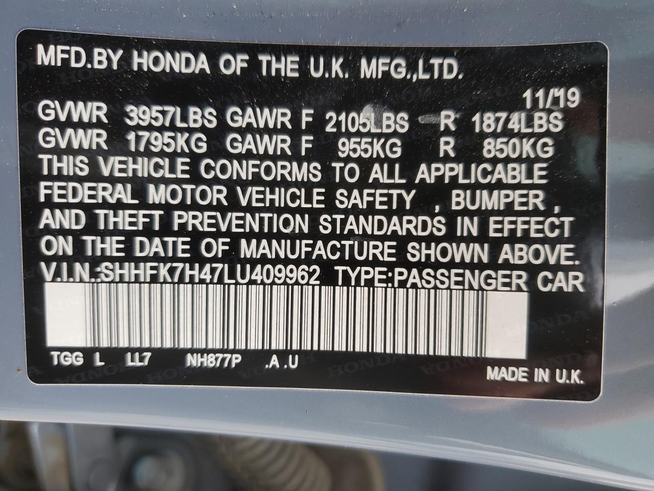 VIN SHHFK7H47LU409962 2020 HONDA CIVIC no.12