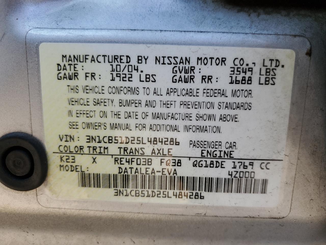 2005 Nissan Sentra 1.8 VIN: 3N1CB51D25L484286 Lot: 79448194